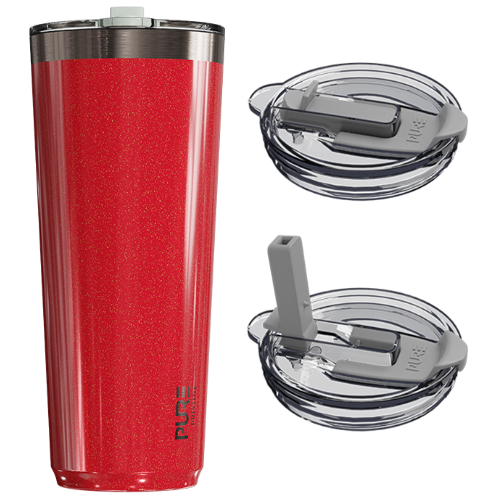 Red tumbler with clear lid and straw on a white background