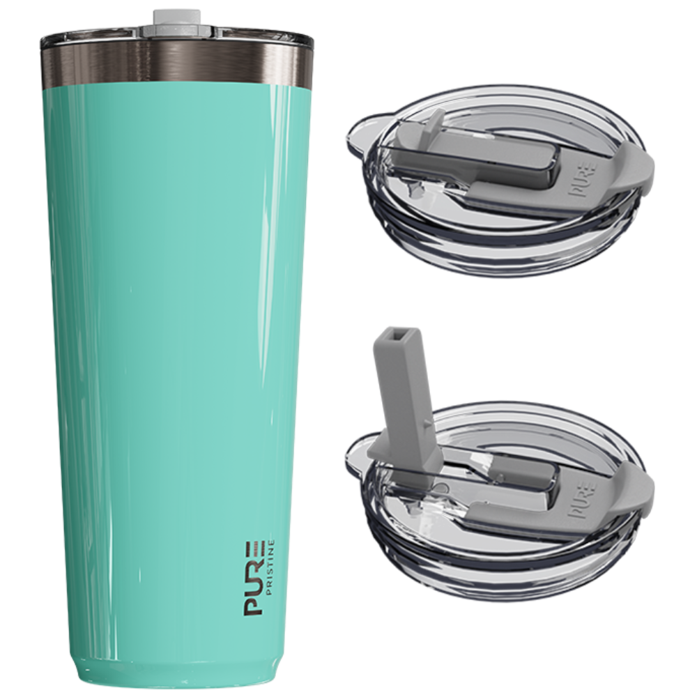 Sea Foam green tumbler with two lids on a white background