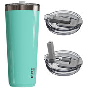 Sea Foam green tumbler with two lids on a white background