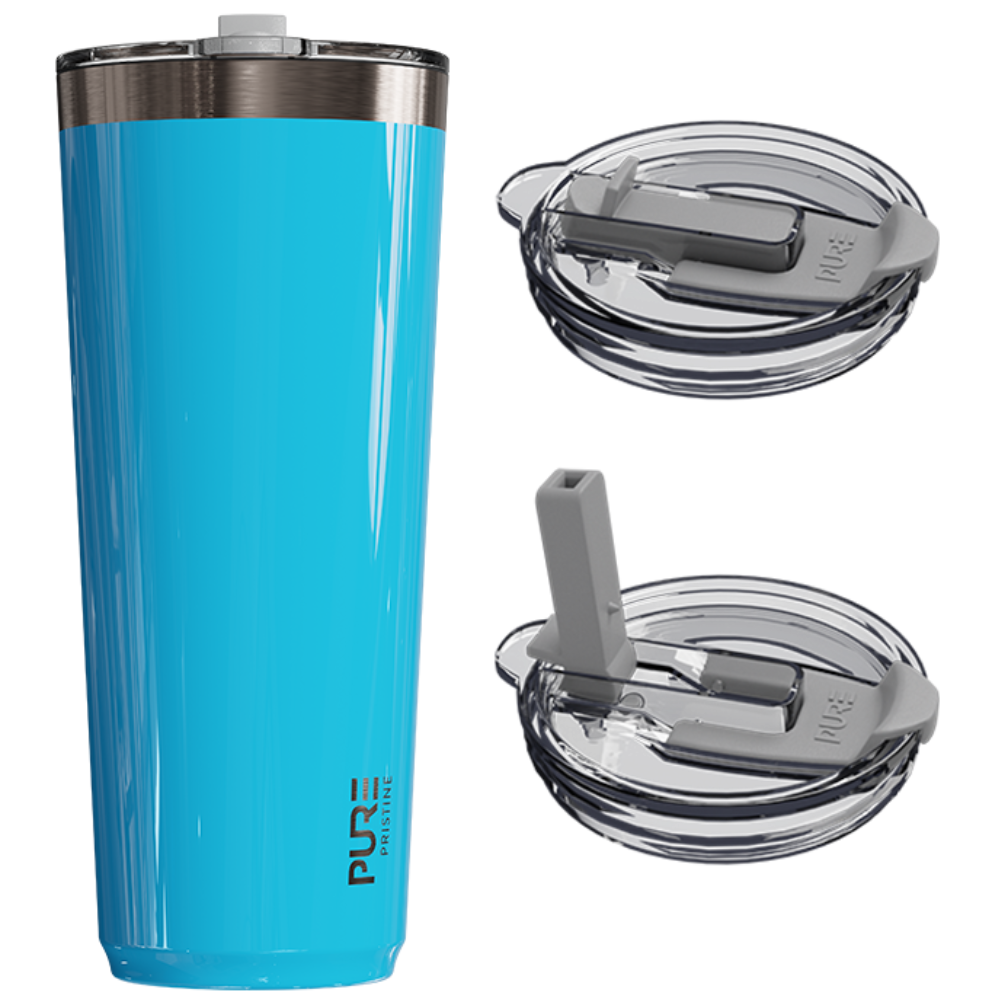 Topaz blue tumbler with two lids on a white background