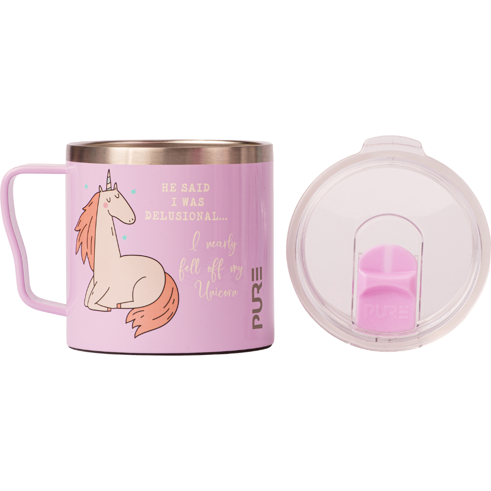 Pink insulated mug with unicorn design with text "He said I was delusional, I nearly fell off my unicorn" on a white background