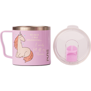 Pink insulated mug with unicorn design with text "He said I was delusional, I nearly fell off my unicorn" on a white background