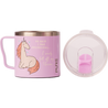 Pink insulated mug with unicorn design with text "He said I was delusional, I nearly fell off my unicorn" on a white background