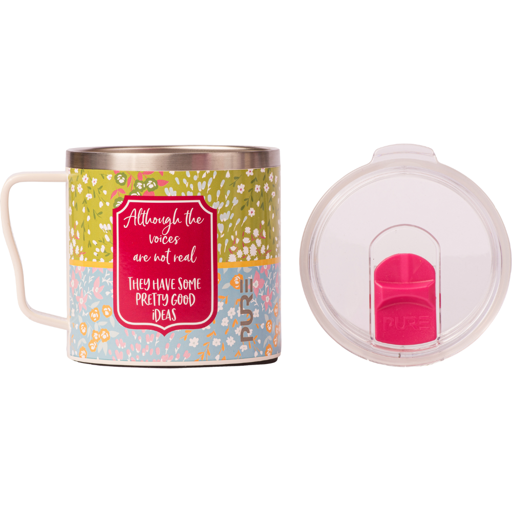 Colorful mug with floral pattern with text "Although the voices are not real, they have some pretty good ideas", featuring a clear lid