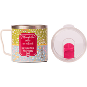 Colorful mug with floral pattern with text "Although the voices are not real, they have some pretty good ideas", featuring a clear lid