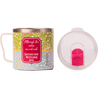 Colorful mug with floral pattern with text "Although the voices are not real, they have some pretty good ideas", featuring a clear lid