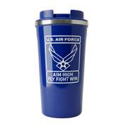 Coffee tumbler in blue with the official U.S. Air Force logo with phrases "AIM HIGH" and "FLY FIGHT WIN"