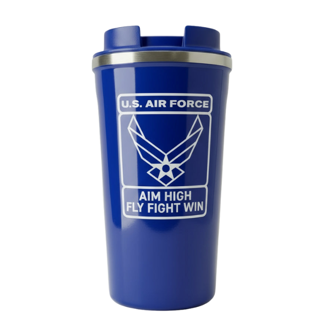 Coffee tumbler in blue with the official U.S. Air Force logo with phrases "AIM HIGH" and "FLY FIGHT WIN"