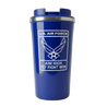 Coffee tumbler in blue with the official U.S. Air Force logo with phrases "AIM HIGH" and "FLY FIGHT WIN"