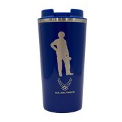 Coffee tumbler in blue with the official U.S. Air Force logo and airman
