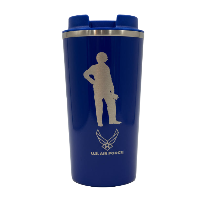 Coffee tumbler in blue with the official U.S. Air Force logo and airman