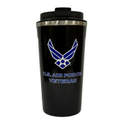 Coffee tumbler in blue with the official U.S. Air Force Veteran logo