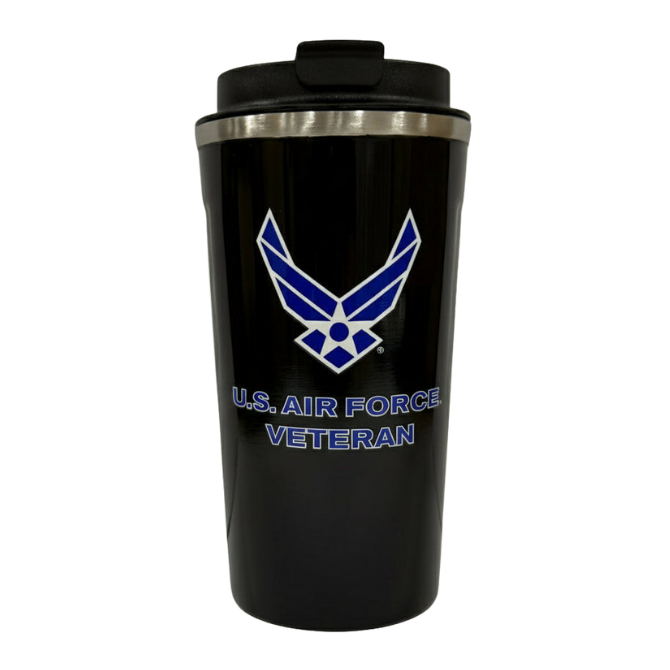 Coffee tumbler in blue with the official U.S. Air Force Veteran logo