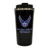 Coffee tumbler in blue with the official U.S. Air Force Veteran logo