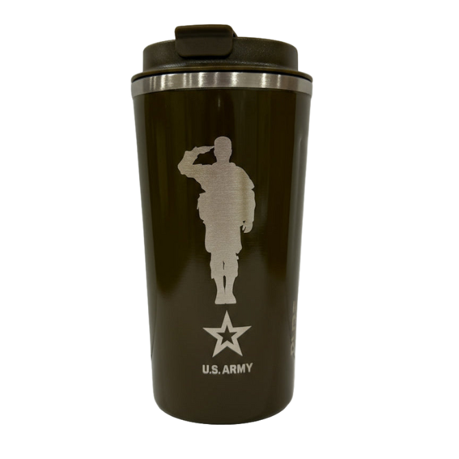 Coffee tumbler in blue with the official U.S. Army logo with soldier