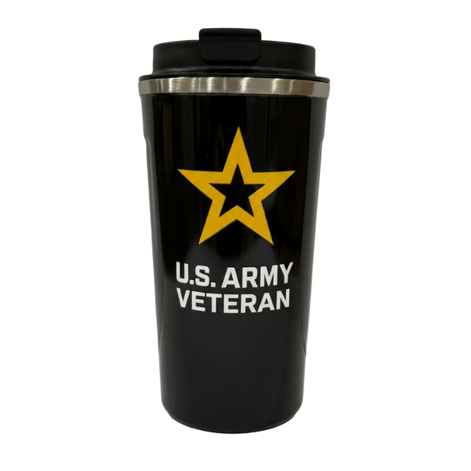 Coffee tumbler in blue with the official U.S. Army Veteran logo