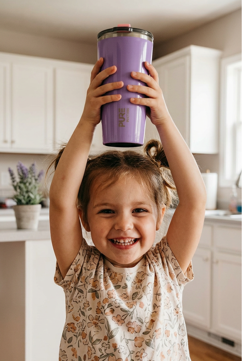Child holding a purple tumbler in a kitchen