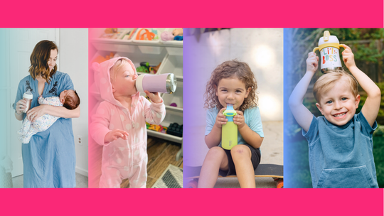Collage of a woman holding a newborn baby with baby bottle, a 1 year old child drinking from a baby bottle, a toddler with a green flipswitch water bottle, and a kid with a flipswitch bottle.