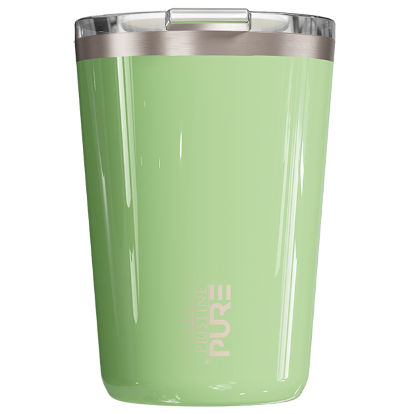 A 14oz antimicrobial green-colored tumbler 