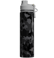 Black camouflage water bottle with gray cap on a white background
