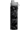 Black camouflage water bottle with gray cap on a white background