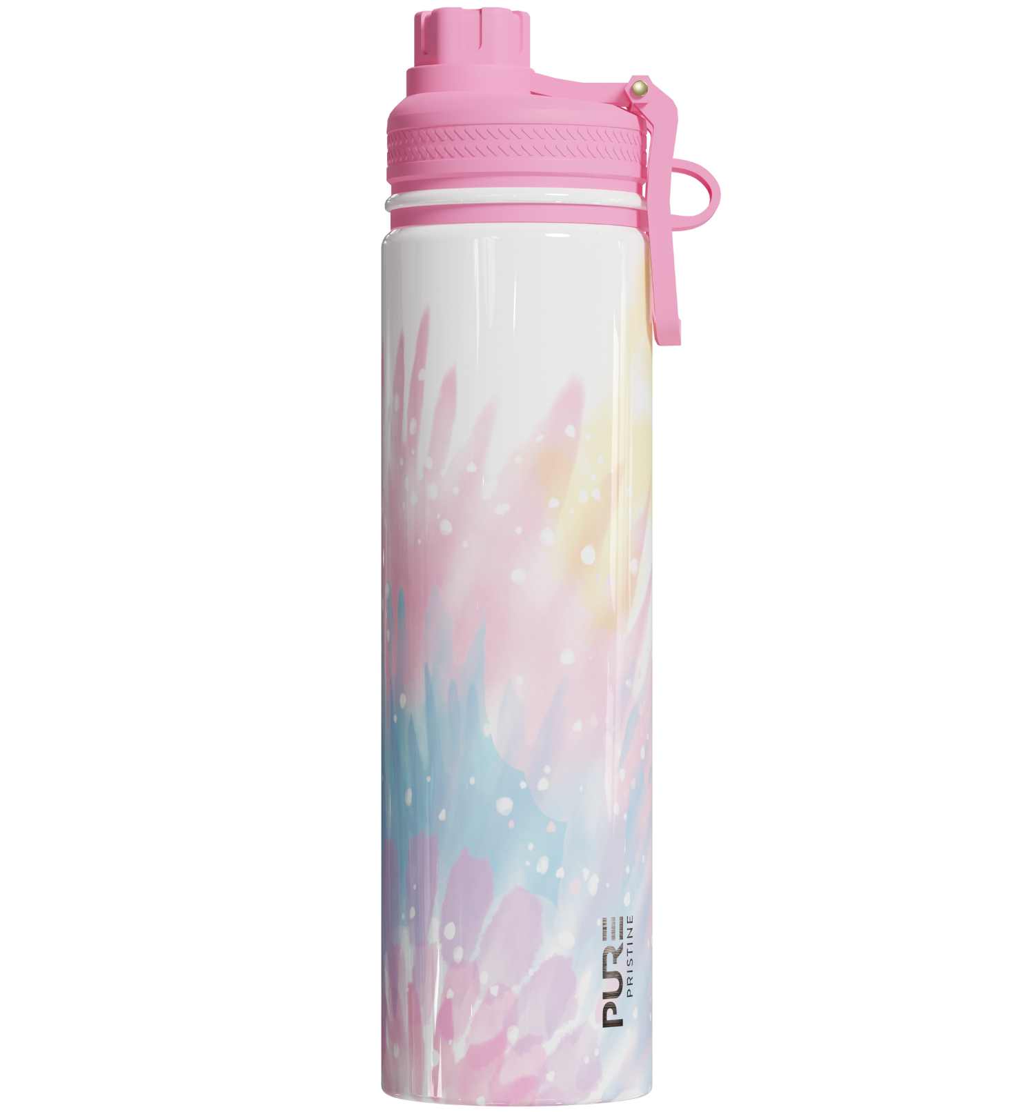 Pink water bottle with a colorful design on a white background
