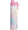 Pink water bottle with a colorful design on a white background