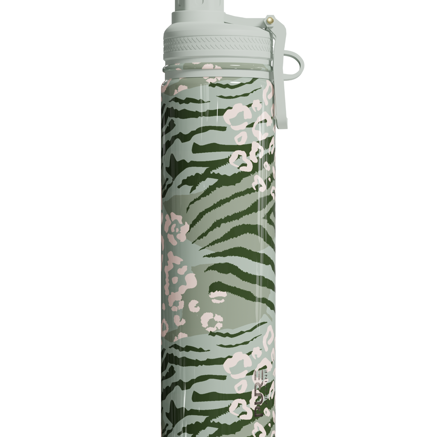 Water bottle with green and pink camouflage pattern on a white background