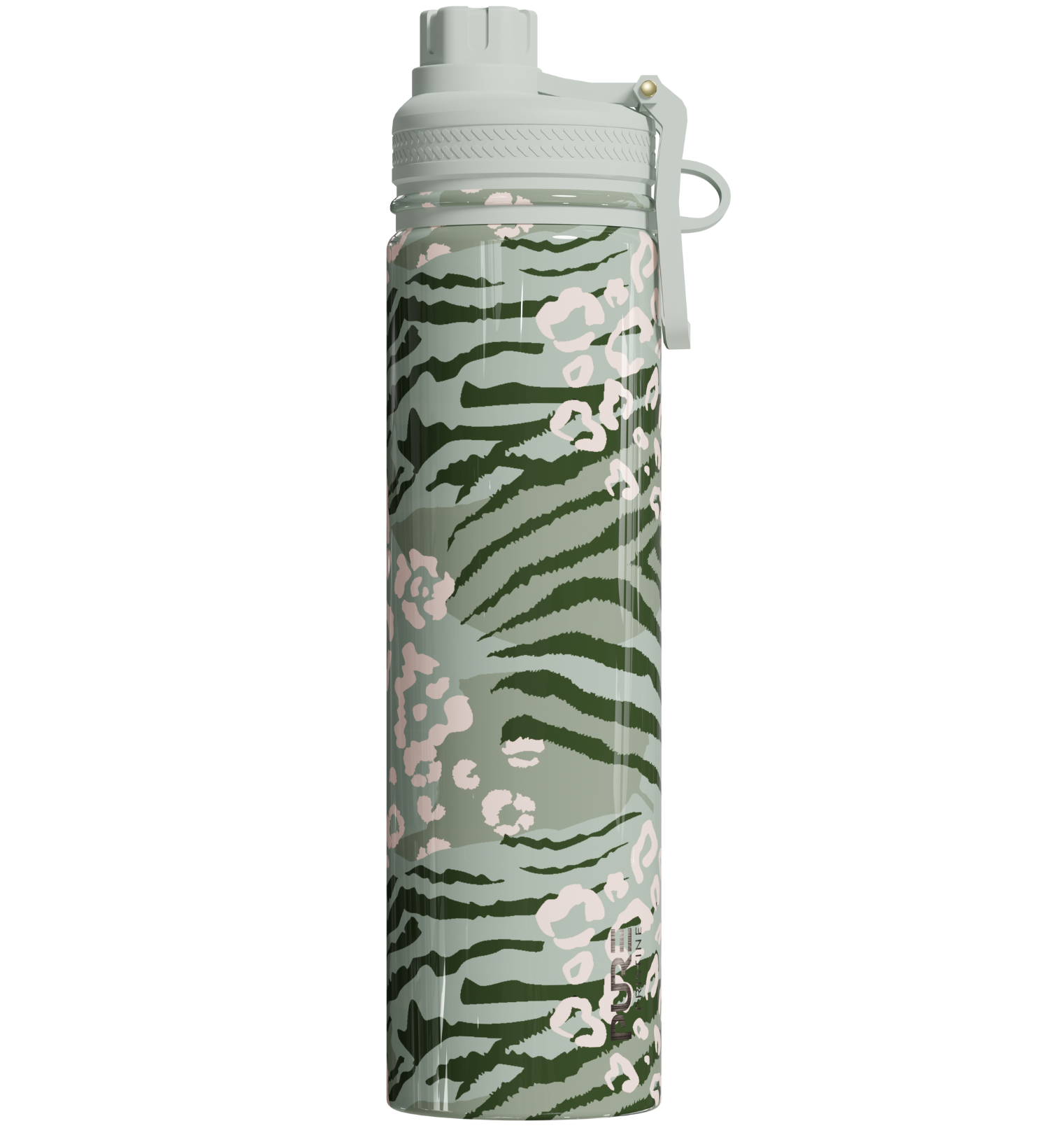 Water bottle with green and pink camouflage pattern on a white background