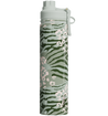 Water bottle with green and pink camouflage pattern on a white background