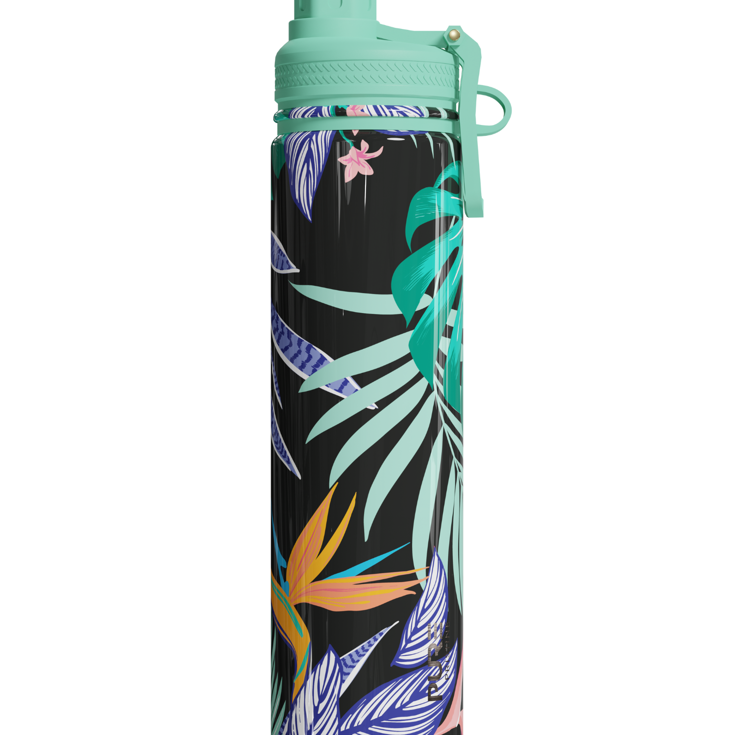 Tropical leaf patterned water bottle with a green cap on a white background
