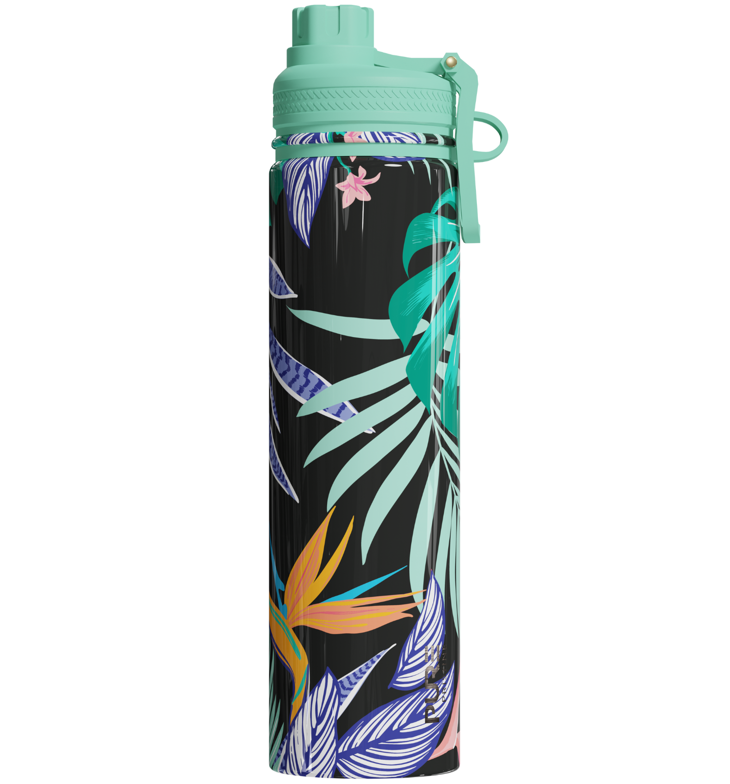 Tropical leaf patterned water bottle with a green cap on a white background