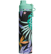 Tropical leaf patterned water bottle with a green cap on a white background