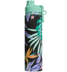 Tropical leaf patterned water bottle with a green cap on a white background