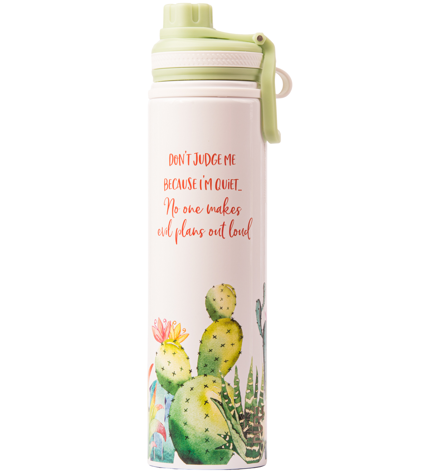 Tumbler with cactus design with text Dont Judge Me Because I', on a white background