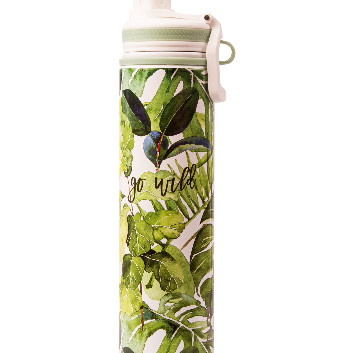 Water bottle with tropical leaf design and 'go wild' text on a white background