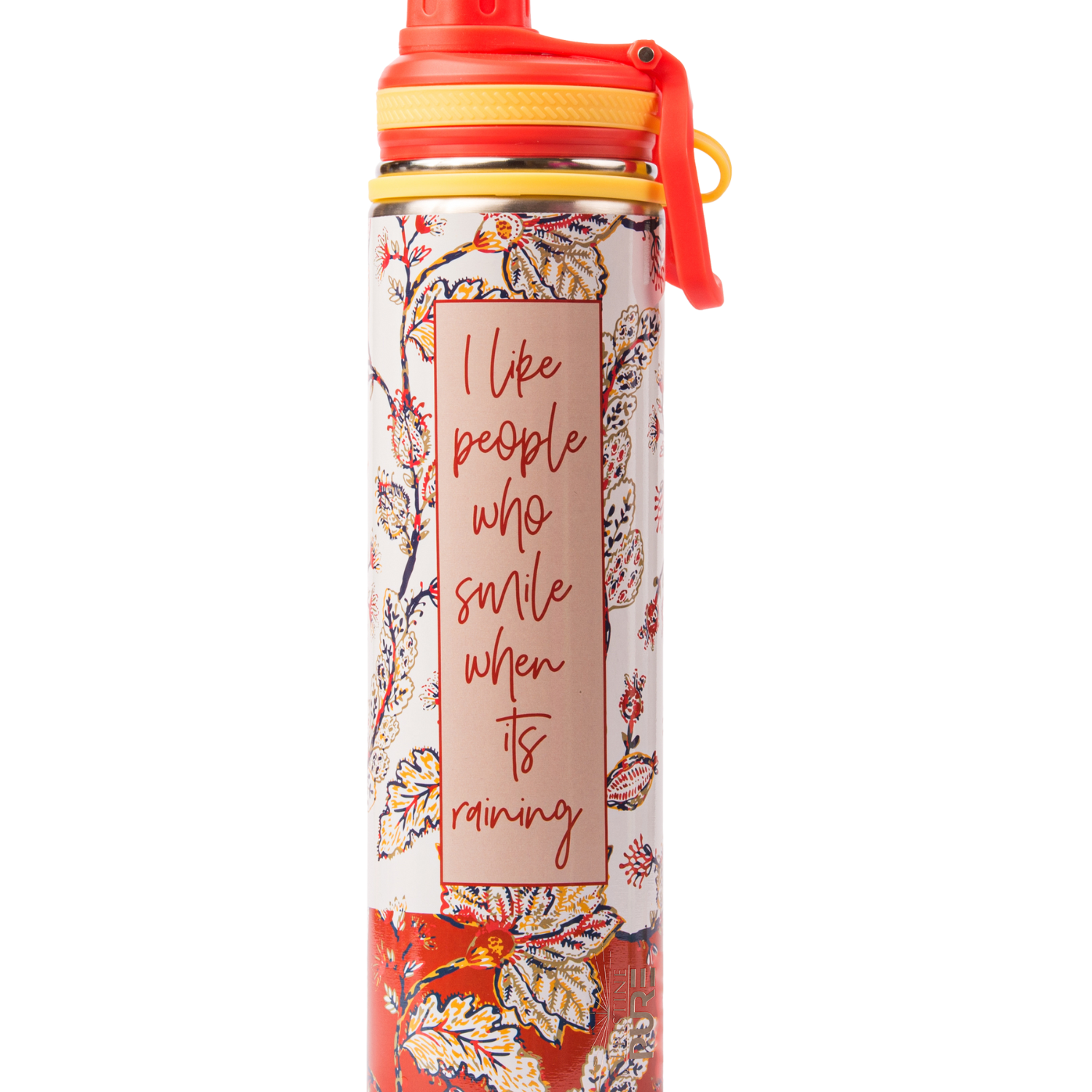 Floral-patterned water bottle with text I Like People Who Smile When It's Raining on a white background