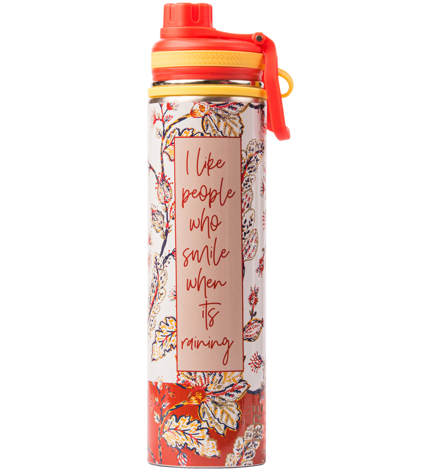 Floral-patterned water bottle with text I Like People Who Smile When It's Raining on a white background