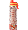 Floral-patterned water bottle with text I Like People Who Smile When It's Raining on a white background