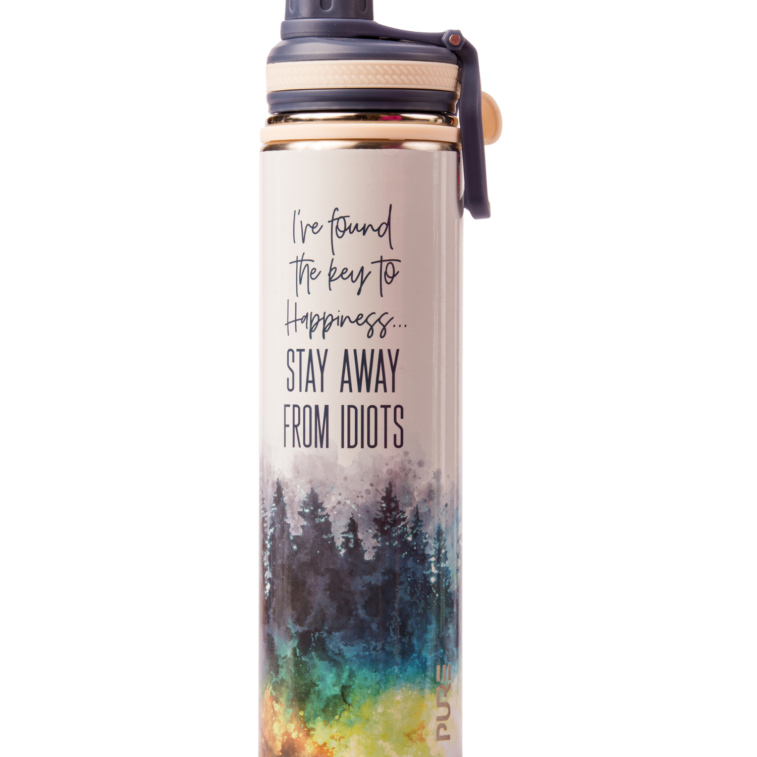 Thermos bottle with test I've Found the Key to Happiness... Stay Away From Idiots and colorful design on a white background