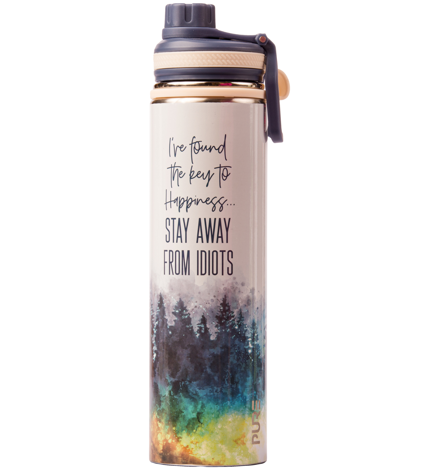 Thermos bottle with test I've Found the Key to Happiness... Stay Away From Idiots and colorful design on a white background