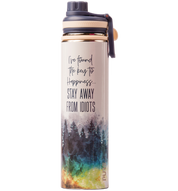 Thermos bottle with test I've Found the Key to Happiness... Stay Away From Idiots and colorful design on a white background