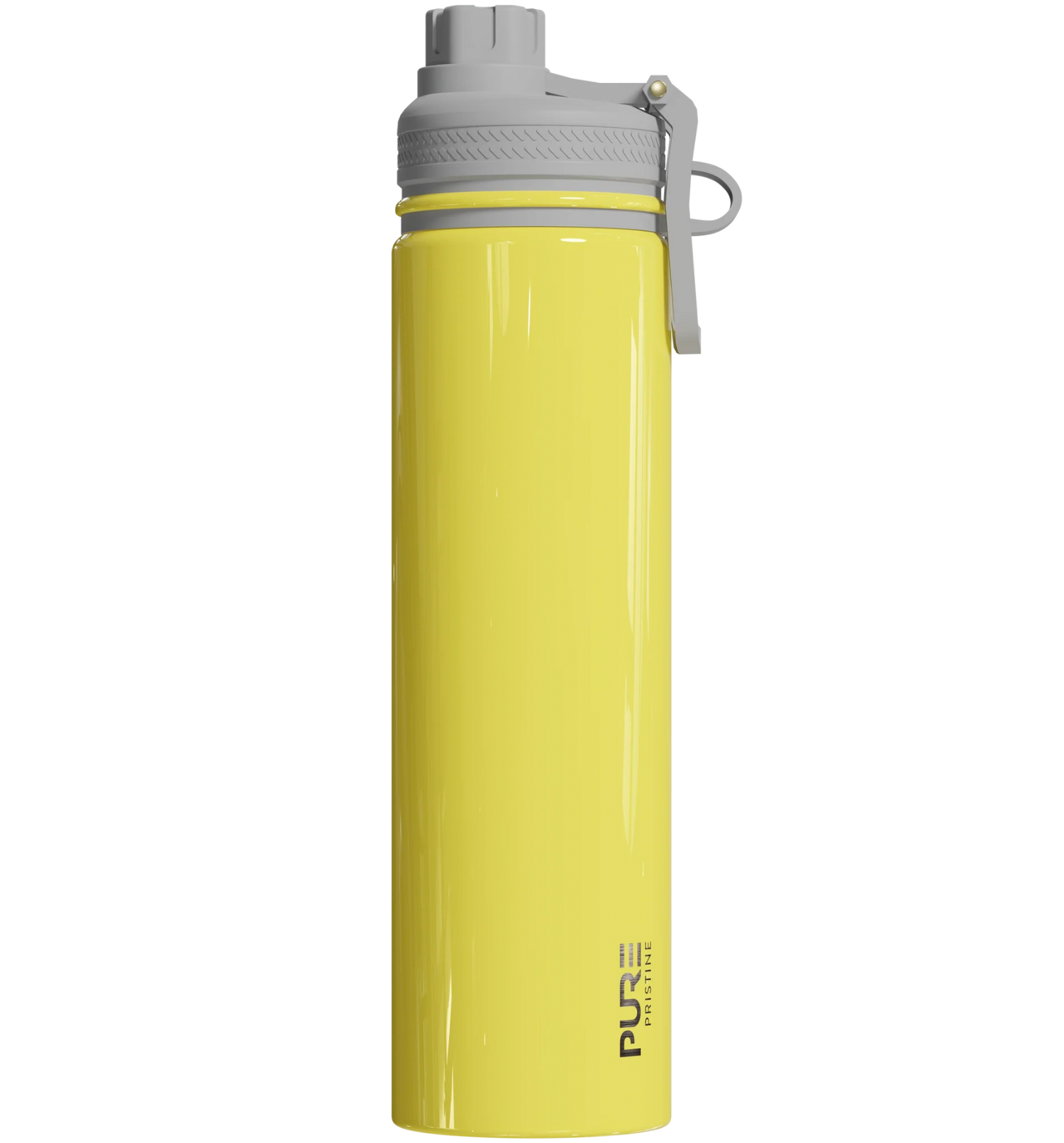 Yellow spill proof antimicrobial 25oz water bottle with gray cap on a white background
