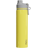 Yellow spill proof antimicrobial 25oz water bottle with gray cap on a white background