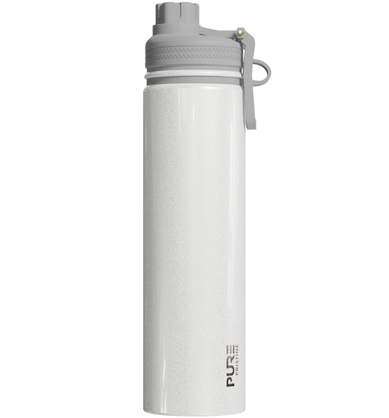 White spill proof antimicrobial 25oz water bottle with gray cap on a white background