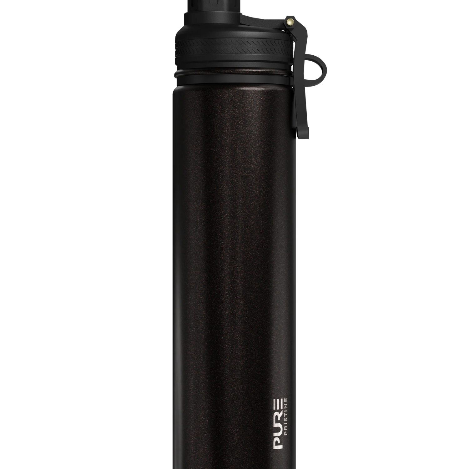 Black spill proof antimicrobial 25oz water bottle with black cap on a white background