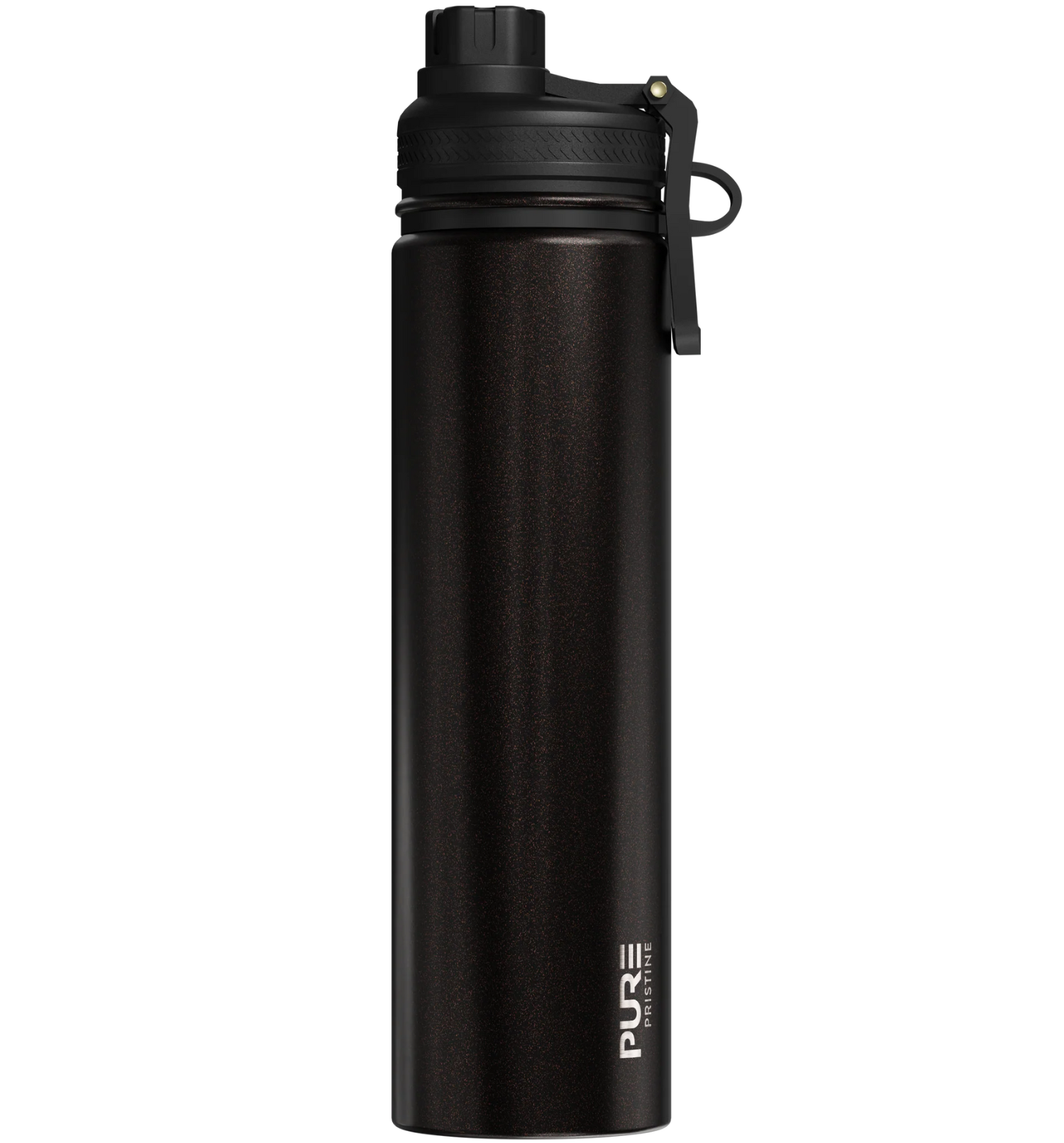 Black spill proof antimicrobial 25oz water bottle with black cap on a white background