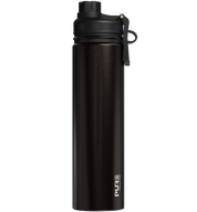 Black spill proof antimicrobial 25oz water bottle with black cap on a white background