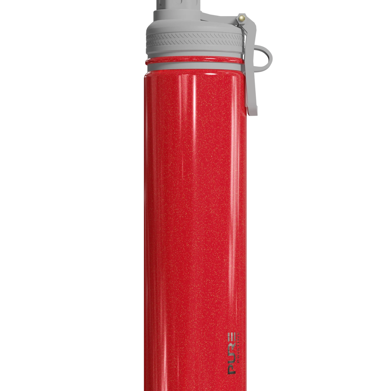 Red spill proof antimicrobial 25oz water bottle with gray cap on a white background