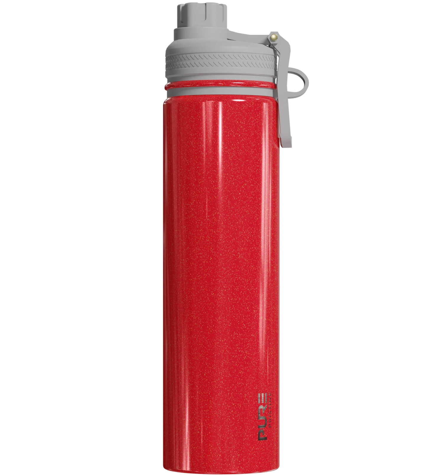 Red spill proof antimicrobial 25oz water bottle with gray cap on a white background